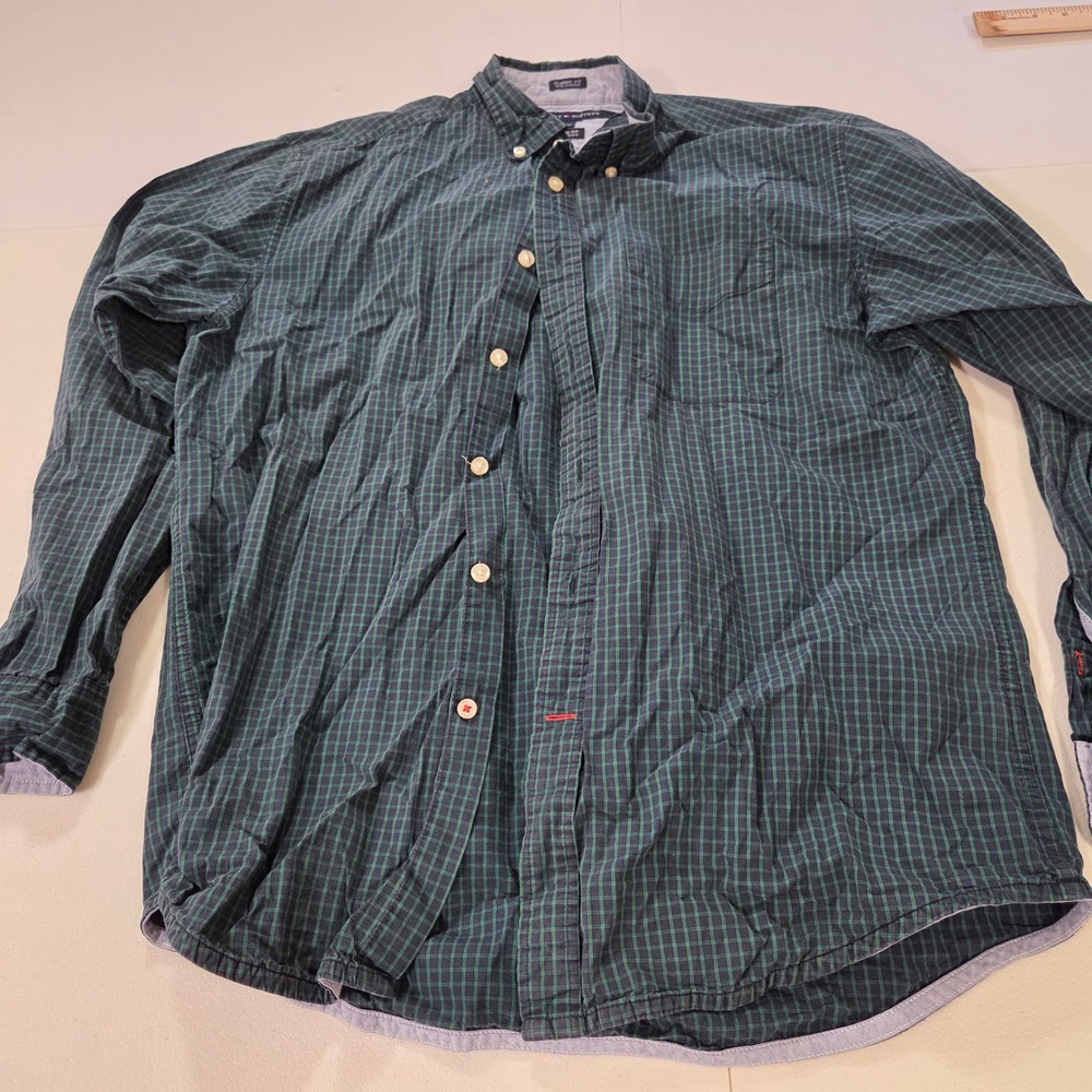 Tommy Hilfiger Mens Classic Fit Plaid Button Down Shirt Green Navy Large